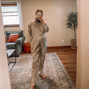 Vintage 80s Jumpsuit Long Pants Romper tan/ cream Polyester Joan Walters